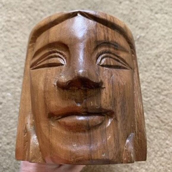 Vintage Monkey Pod Wood Head Mug Philippines Mid Century Modern - Picture 1 of 6